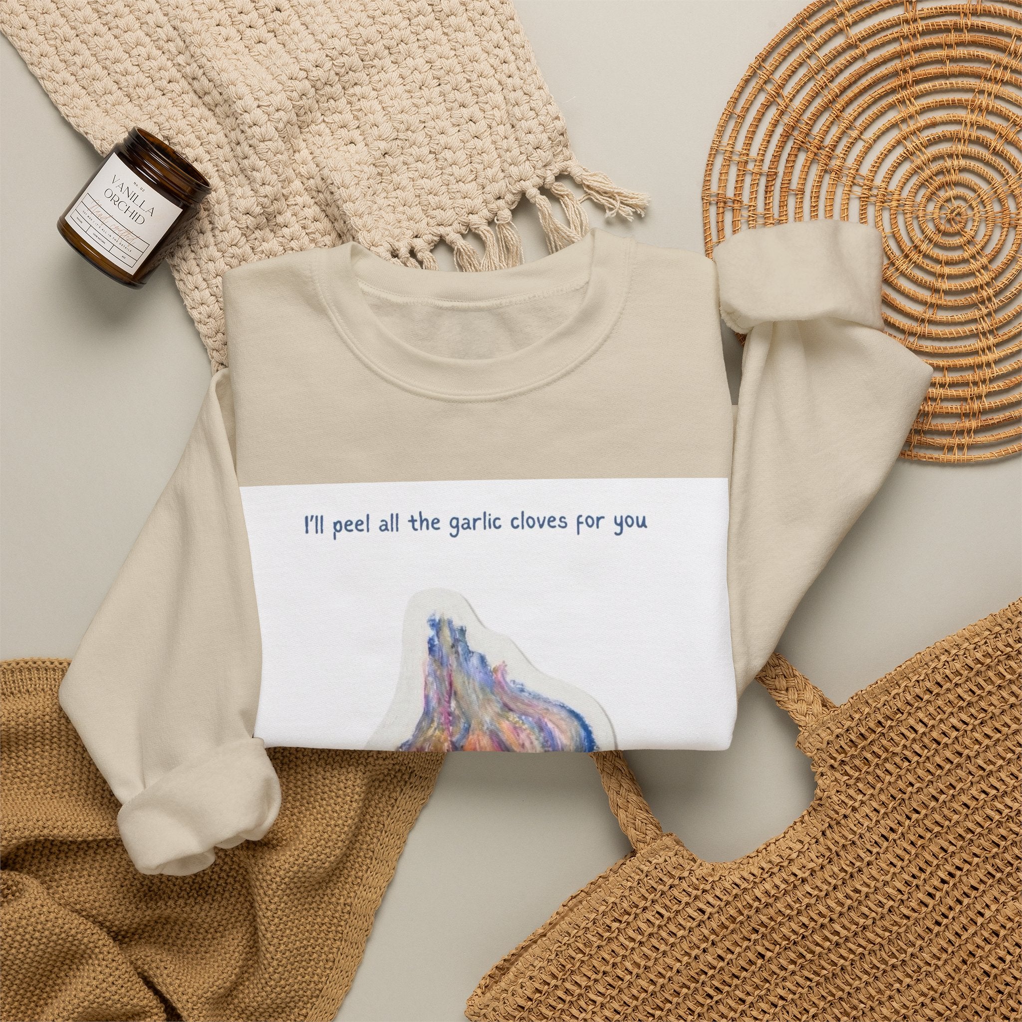 Garlic Clove Crewneck Sweatshirt — "I'll Peel All the Garlic Cloves for You Forever" Cozy Graphic Pullover