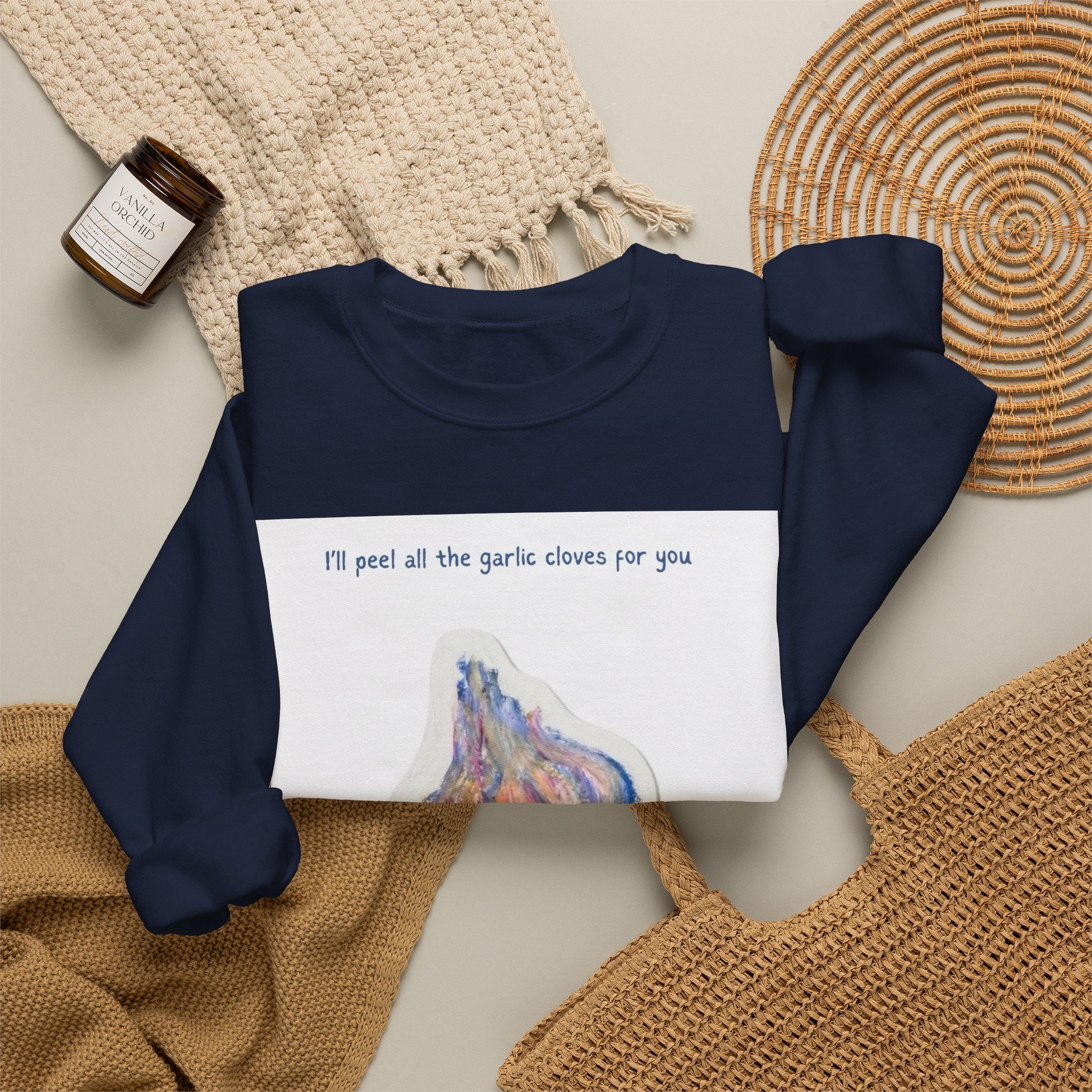 Garlic Clove Crewneck Sweatshirt — "I'll Peel All the Garlic Cloves for You Forever" Cozy Graphic Pullover