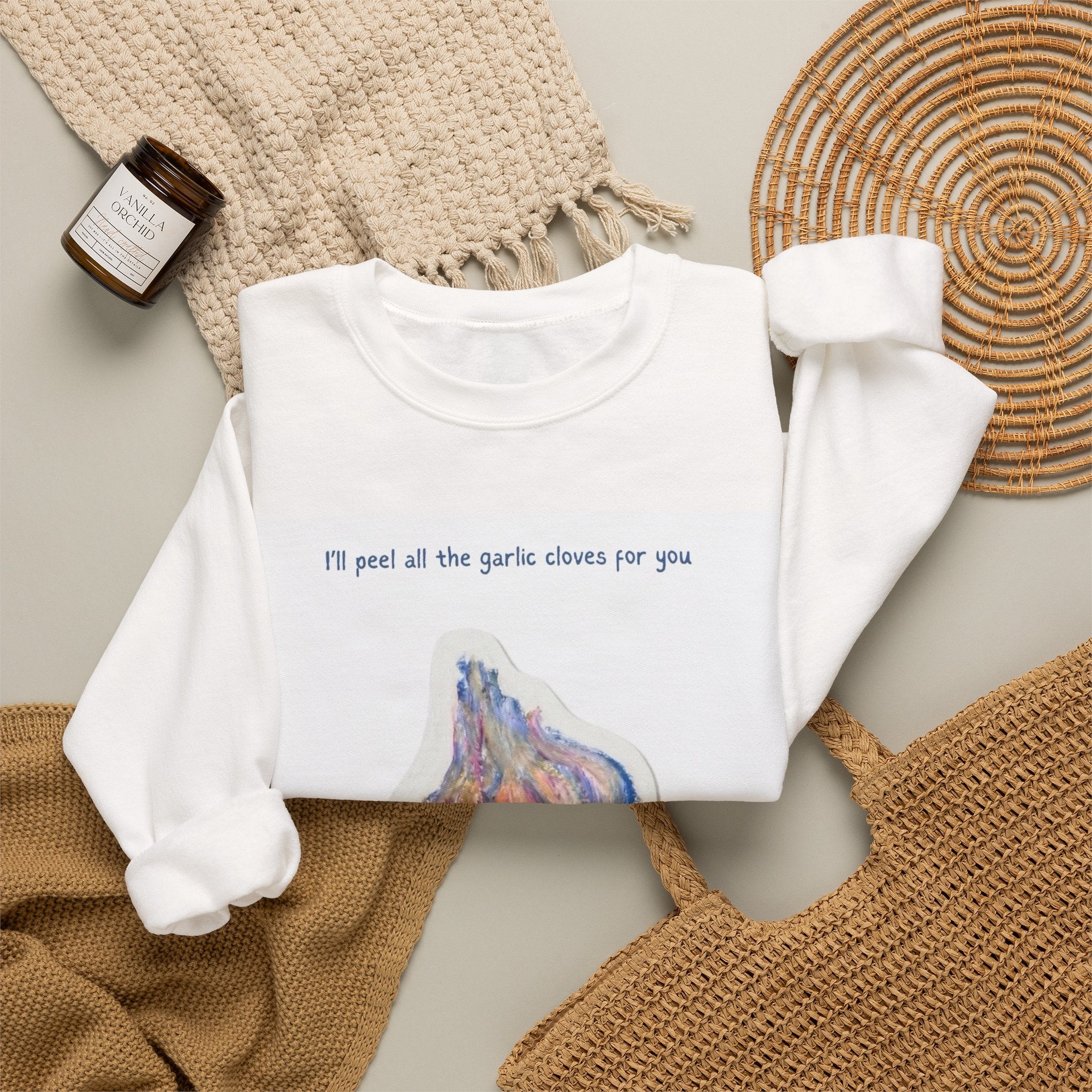Garlic Clove Crewneck Sweatshirt — "I'll Peel All the Garlic Cloves for You Forever" Cozy Graphic Pullover