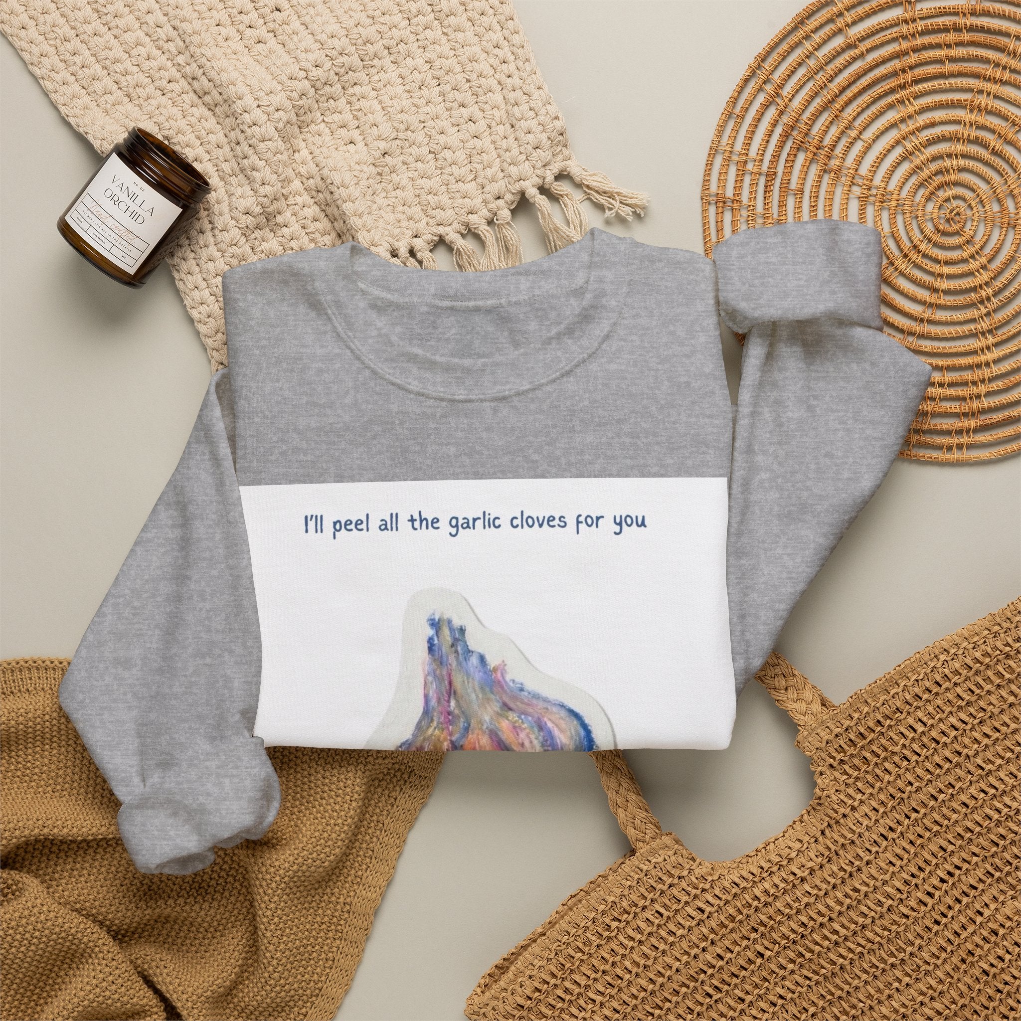 Garlic Clove Crewneck Sweatshirt — "I'll Peel All the Garlic Cloves for You Forever" Cozy Graphic Pullover