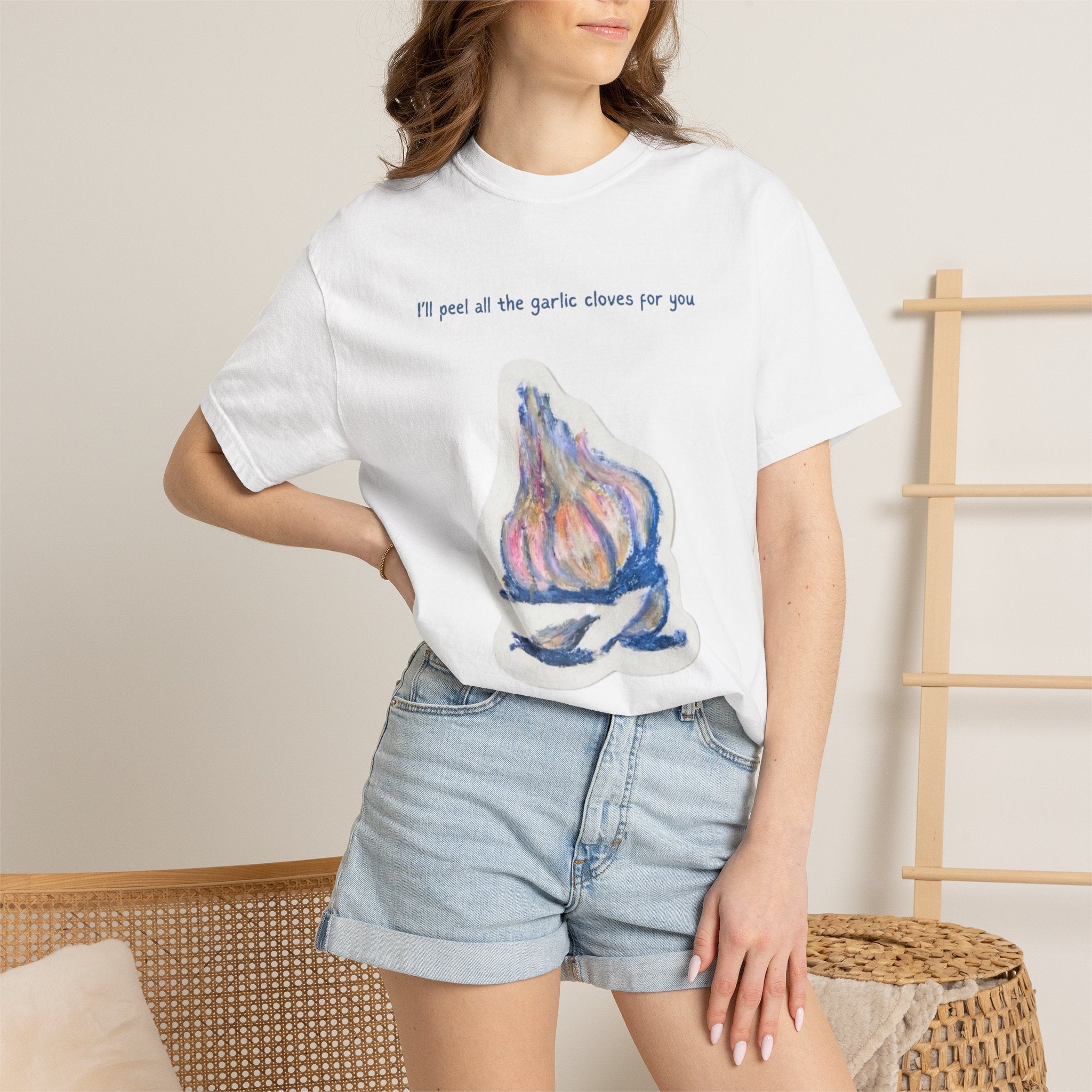 Garlic Illustration T‑Shirt — “I’ll peel all the garlic cloves for you. forever.”
