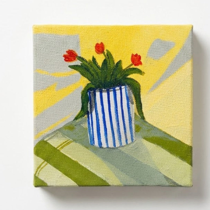 Tulips in Striped Vase – Original Mini Acrylic Painting on Canvas