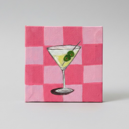 Original mini acrylic painting of a dirty martini glass with green olives on a pink checkered background