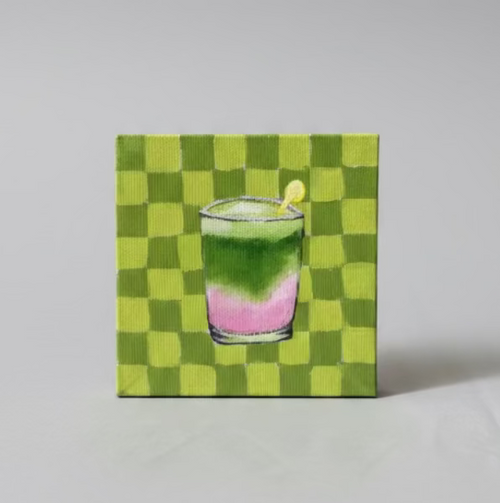 Original mini acrylic painting of an iced strawberry matcha latte on a green checkered background