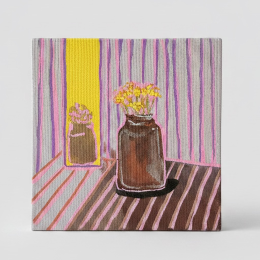 Original mini acrylic painting of yellow wildflowers in a brown glass jar on a purple striped background