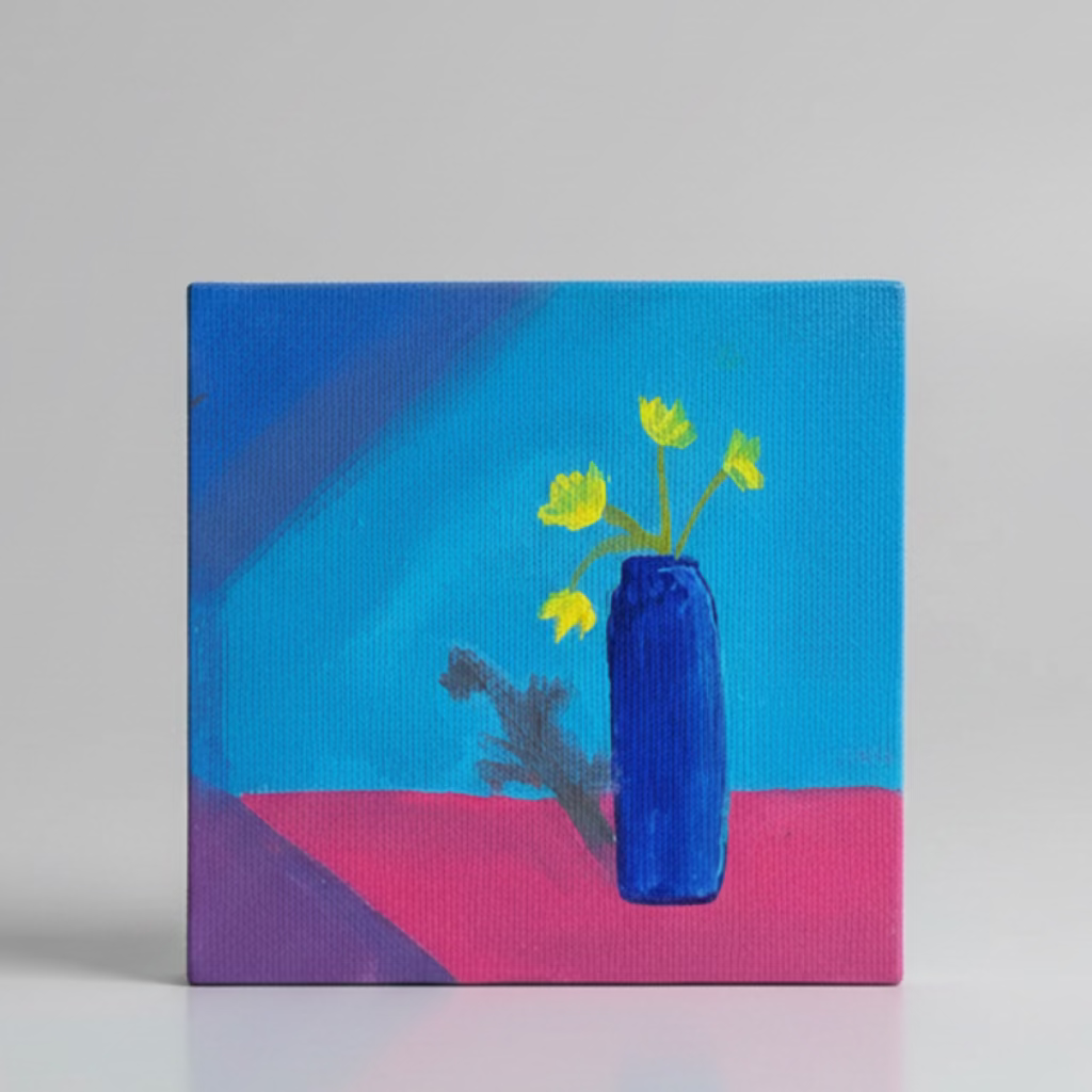 Original 4x4 hand-painted acrylic mini canvas featuring a cobalt blue vase with yellow flowers on a vibrant blue and pink color-blocked background.