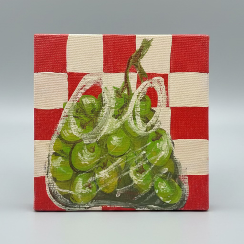 Original 4x4 hand-painted acrylic mini canvas depicting green grapes in a glass bowl set on a red and white checkered tablecloth.